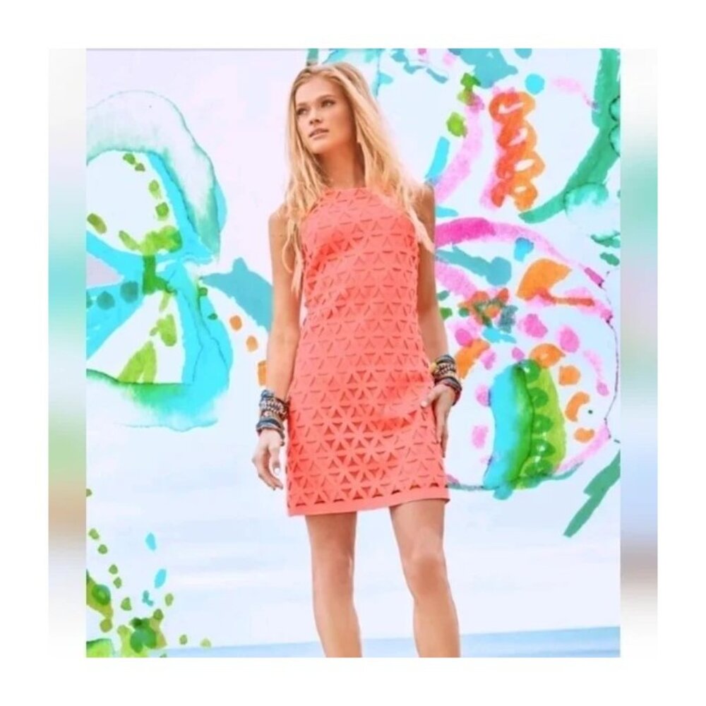 Lilly Pulitzer Mango Shift Dress Scuba Ponte Daisy Laser Cut in Pink Sun Ray